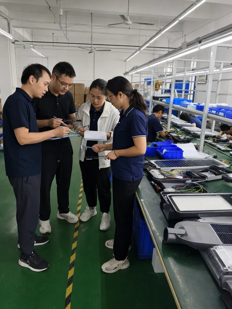 JXSOL engineering and QC team reviewing solar lighting specifications on the production floor
