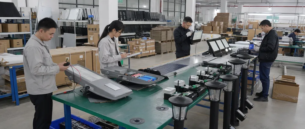 JXSOL quality inspection across solar lighting product lines — street lights, flood lights, garden lights, and smart systems on the factory floor
