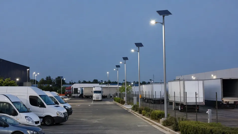 Solar area lights illuminating a commercial parking lot and logistics yard