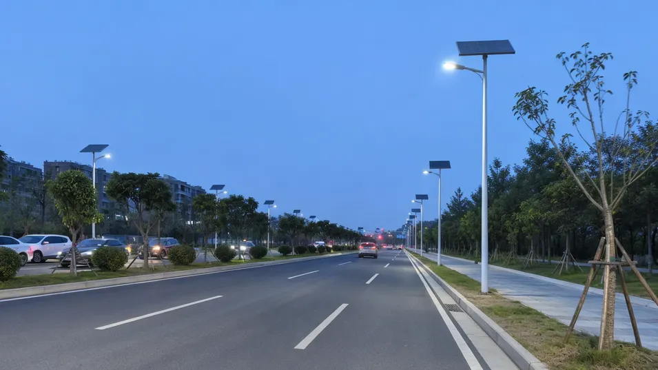Solar street lights installed along a municipal roadway corridor at dusk