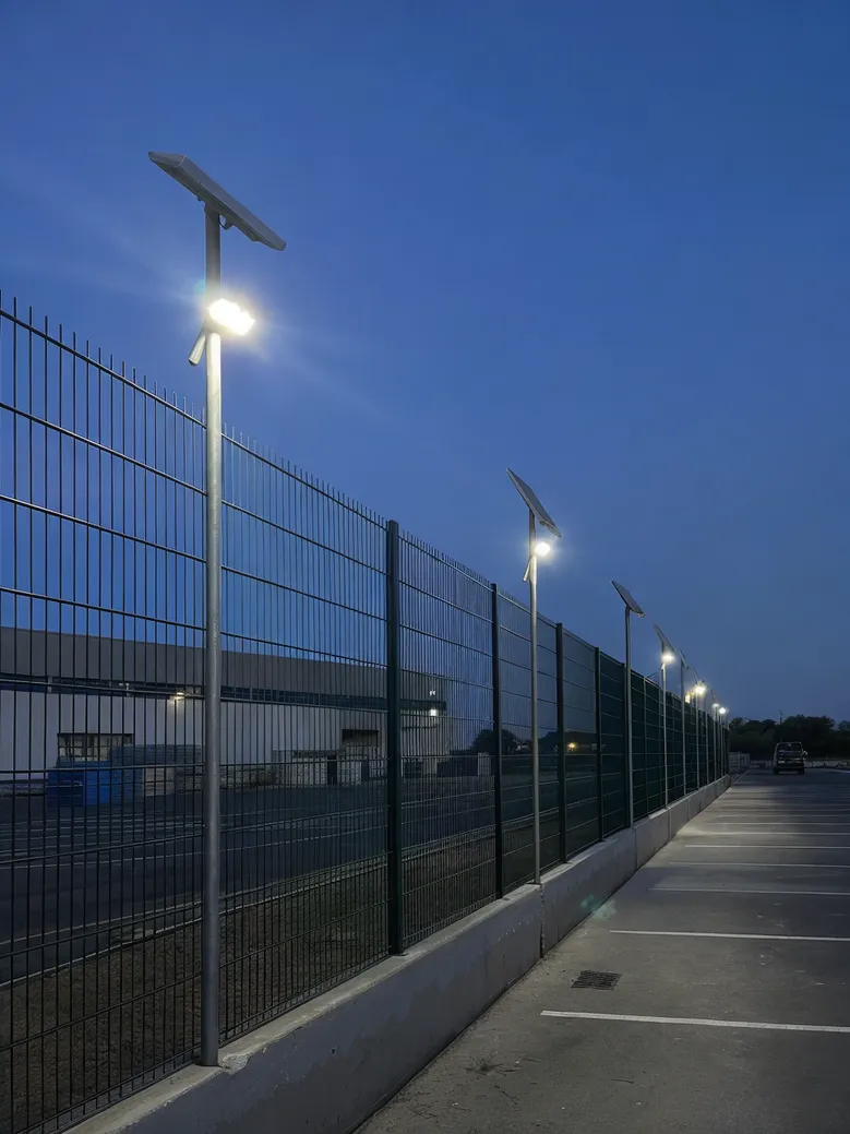 Solar flood and security lighting installed along commercial property perimeter fencing at dusk