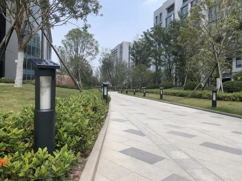 Solar pathway and bollard lighting installed along a campus walkway