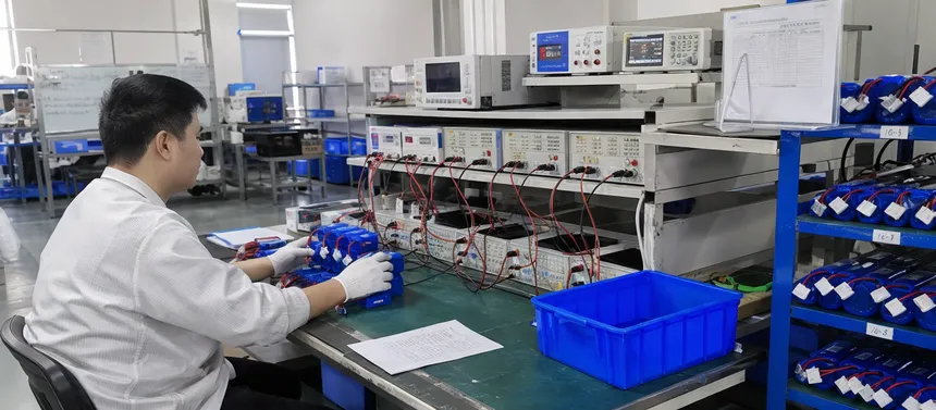 Battery pack capacity and internal resistance testing station at JXSOL manufacturing facility