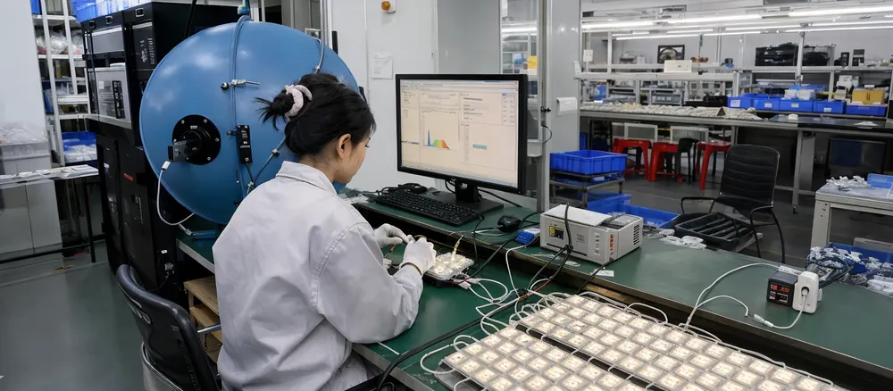 LED module lumen output and color temperature consistency testing at JXSOL factory