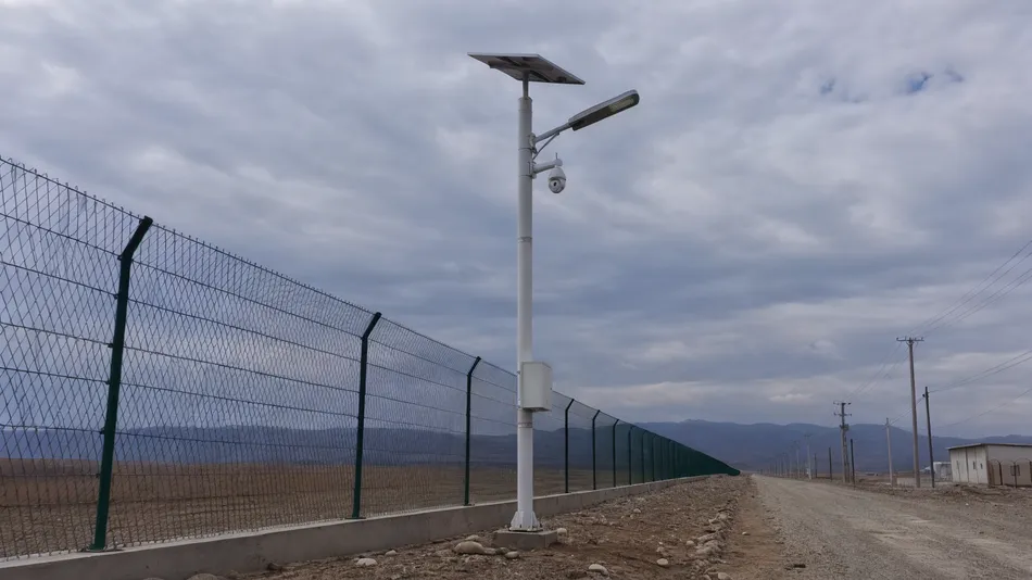 Solar street light with camera at remote industrial perimeter