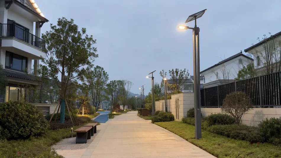 Smart solar lighting on residential community pathway and resort amenity area