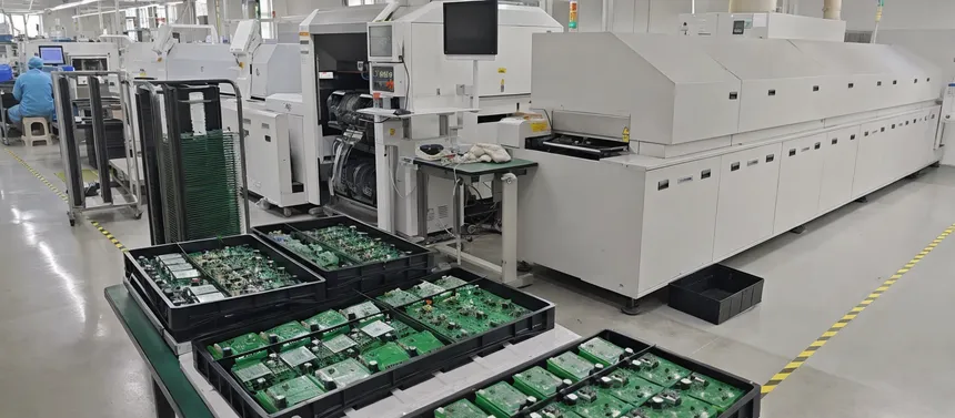 Automated SMT line assembling solar lighting controller boards at JXSOL factory