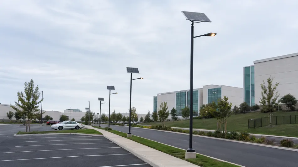 Smart solar lighting installed in a commercial parking lot and campus perimeter road
