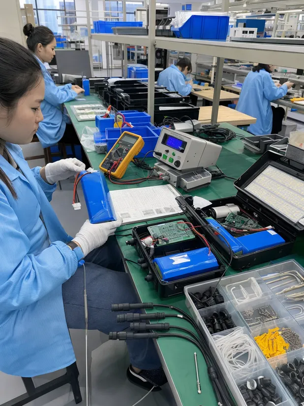Factory QC inspection of battery packs, controller boards, and LED modules for smart solar lighting