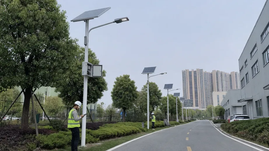 Smart city pilot program IoT solar street lighting installation with remote monitoring and dimming control