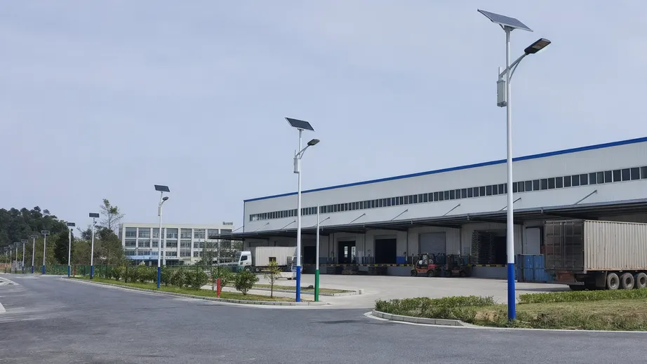 Smart solar lighting installed along perimeter roads and loading areas of a logistics industrial park