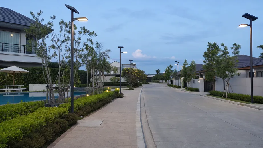 Smart solar pathway and road lighting in a residential community and resort amenity area