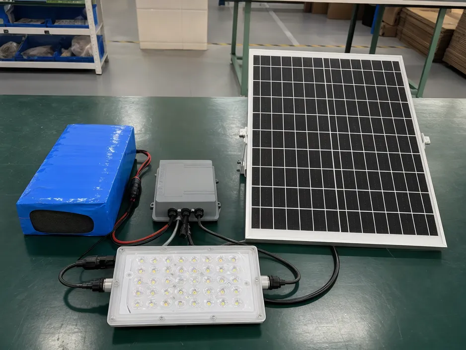 Configured smart solar lighting system showing solar panel, LiFePO4 battery pack, LED module, and controller assembly