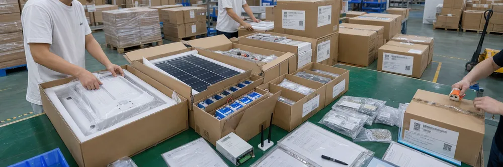 Smart solar lighting system export packing — multi-component kitting with batch traceability codes and compliance documentation