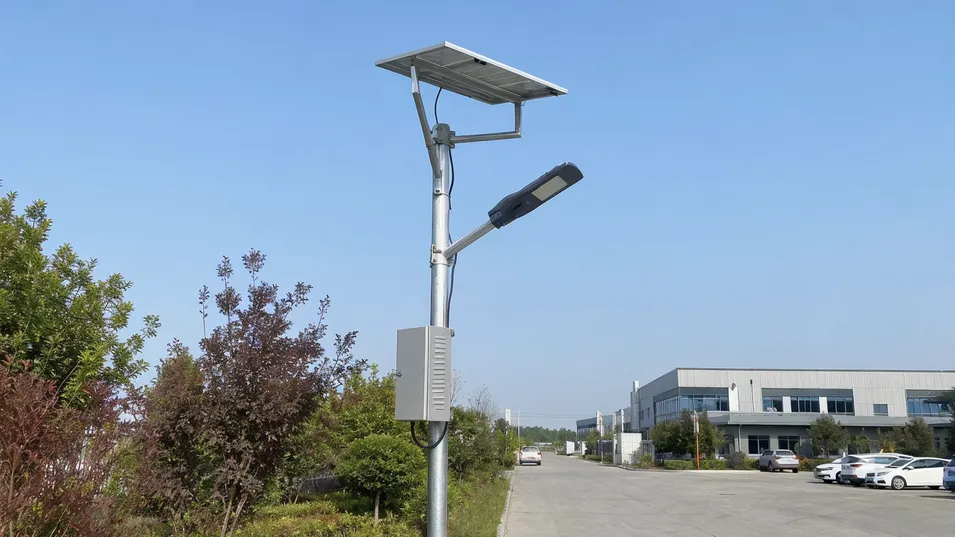 Split smart solar street lighting system with separate solar panel bracket, external battery enclosure, and LED fixture on pole