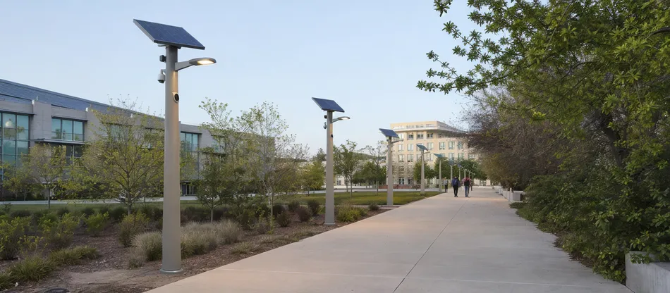 Smart solar poles on a university campus pathway with warm color temperature and custom powder coat finish