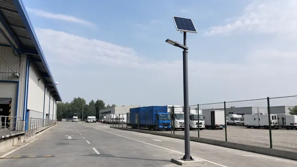 Smart solar pole installed along industrial park perimeter road and loading area