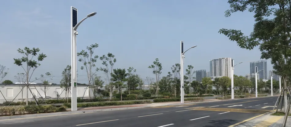 Smart solar poles installed along a municipal road upgrade project with integrated panel and IoT monitoring