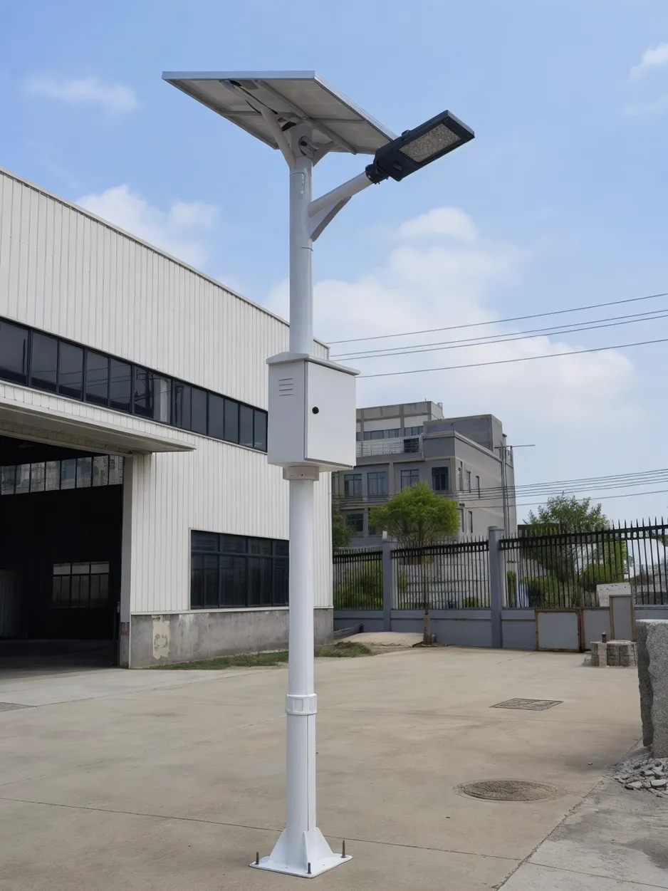 JXSOL smart solar pole — integrated pole body, LED fixture, solar panel, battery compartment, and controller as a single engineered unit