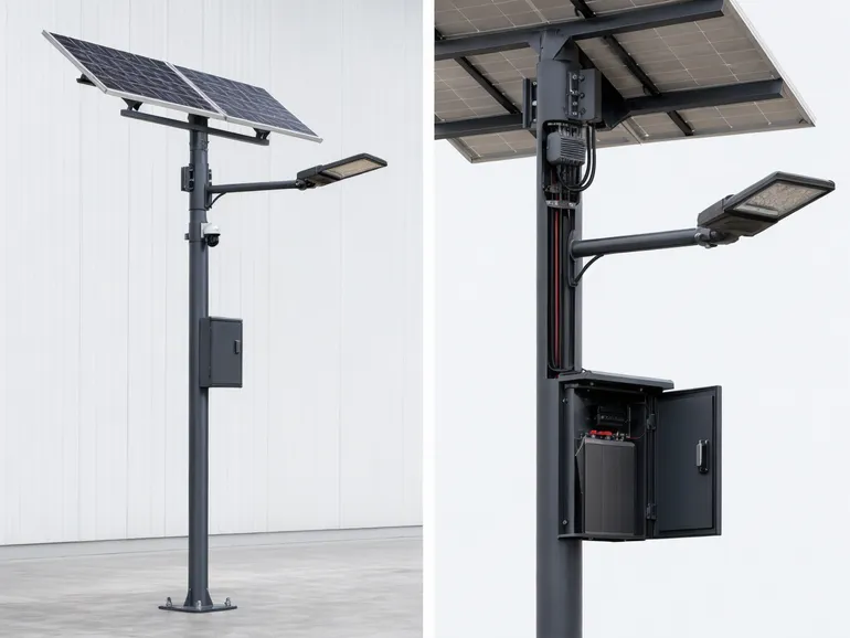 Smart solar pole integrated system showing pole body, solar panel mounting, battery enclosure, LED fixture, and controller wiring