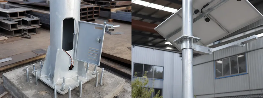 Smart solar pole structural detail showing anchor bolt cage, battery compartment access panel, and solar panel mounting bracket