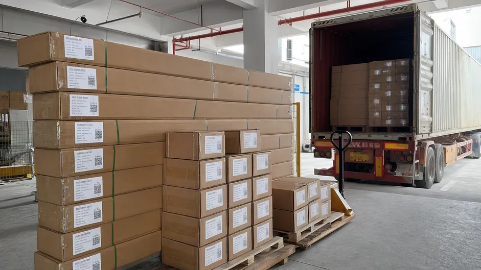 Smart solar pole export cartons staged for 40HQ container loading with batch labels visible