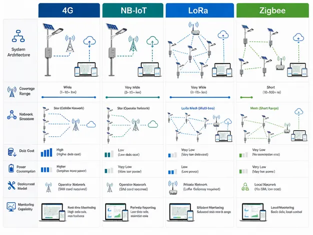 Comparison diagram of 4G, NB-IoT, LoRa, and Zigbee communication protocols for solar lighting controllers