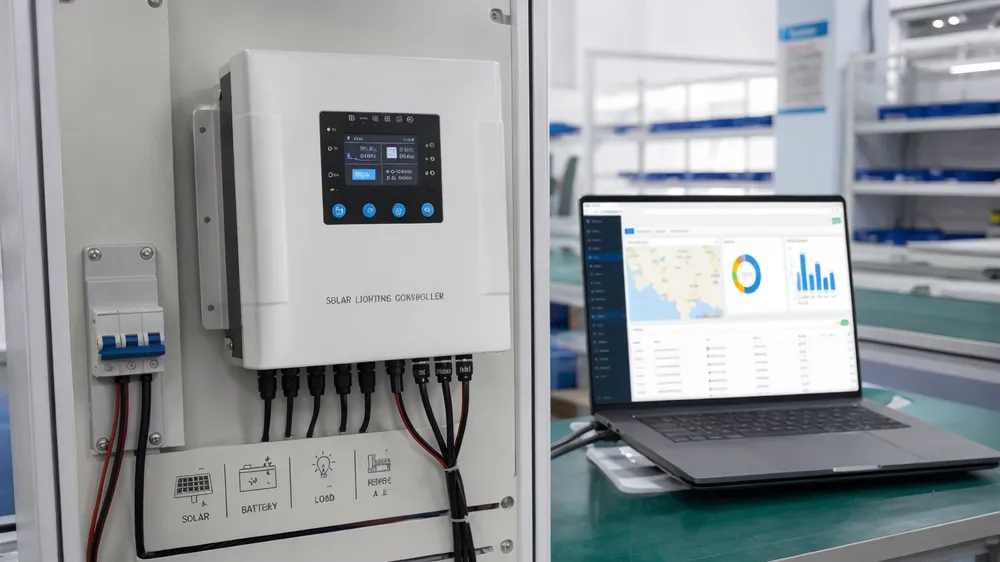 IoT-enabled solar street light controller connected to cloud dashboard for remote schedule management and fault monitoring