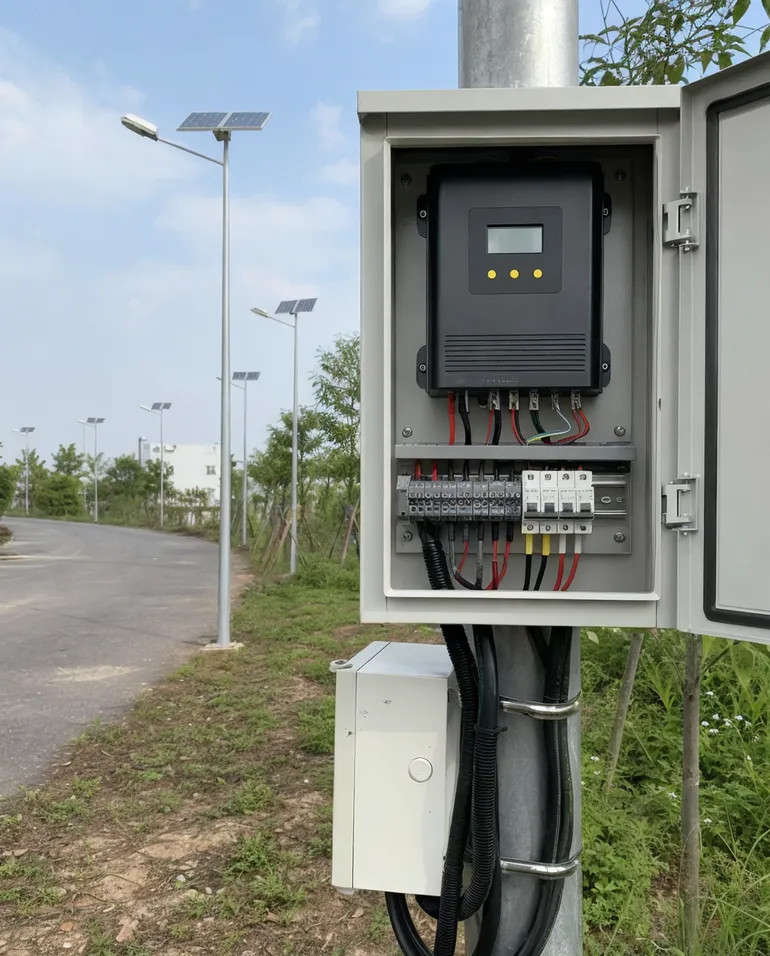 Solar street light controller installed in a project-level outdoor lighting deployment