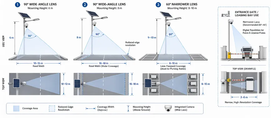 Diagram showing camera lens angle and mounting height coverage geometry for solar street light with camera