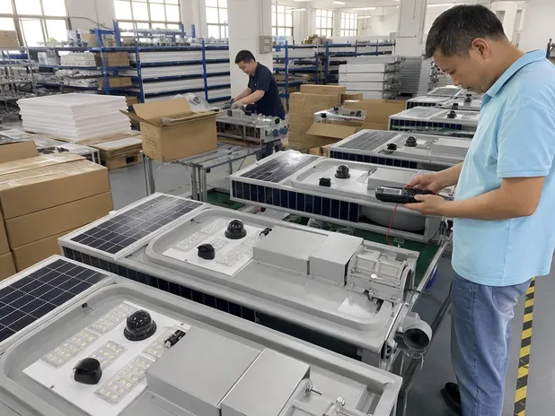 Factory QC inspection of camera-equipped solar street light units before shipment