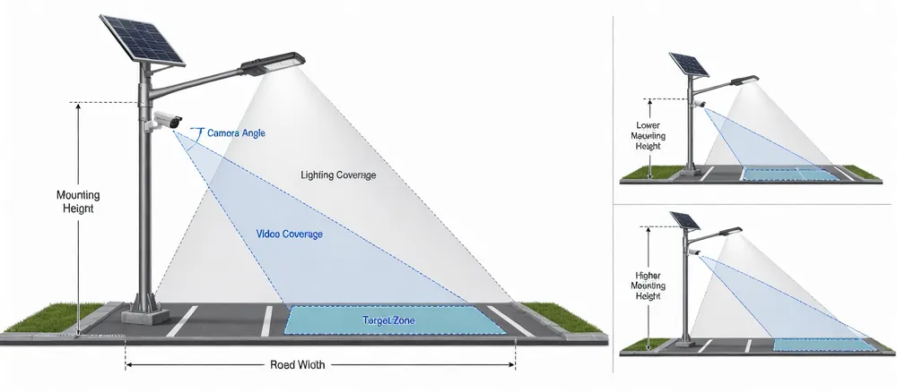 Diagram showing mounting height and camera angle geometry for solar street light with camera installation