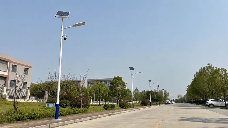 Municipal road pilot installation of solar street lights with integrated surveillance cameras