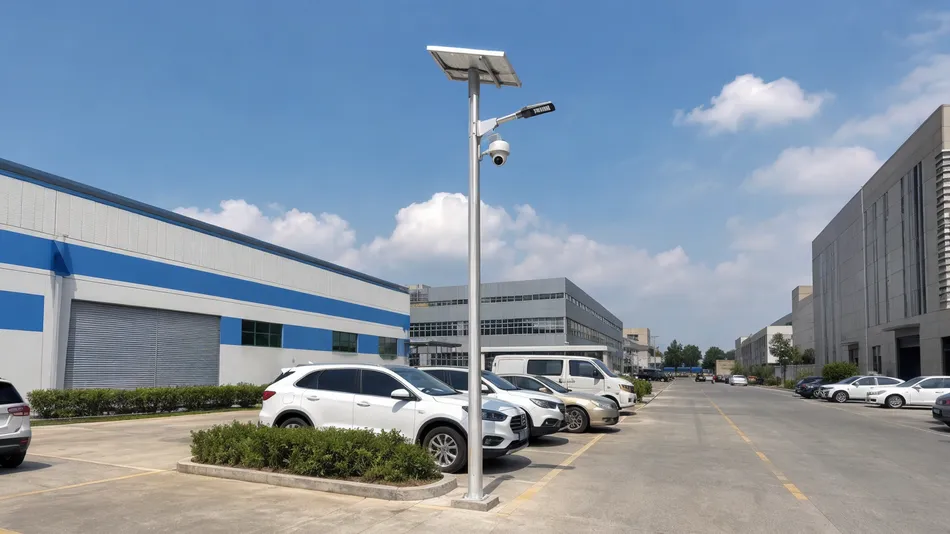 Solar street light with integrated camera retrofitted in commercial parking lot, eliminating CCTV trenching