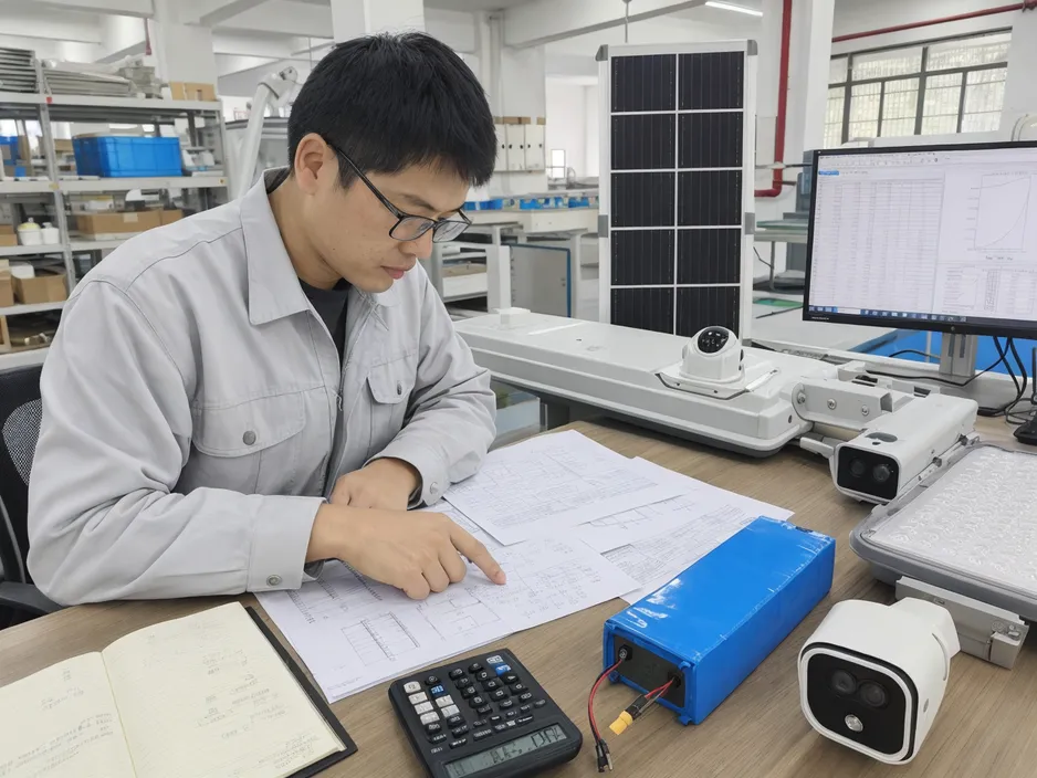Engineer reviewing battery sizing calculation for solar street light with camera system