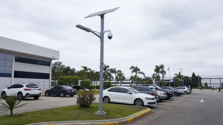 Solar street light with camera installed at a commercial parking lot security deployment