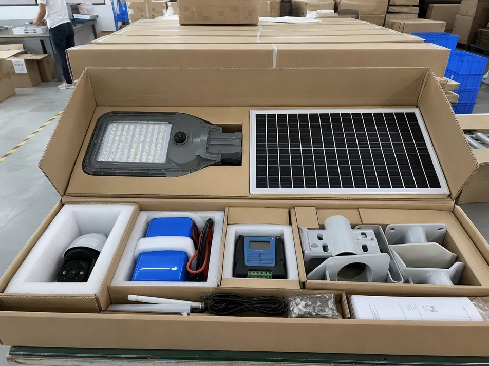 Solar street light with camera export packing — multi-component carton with anti-static foam lining for camera module and battery pack