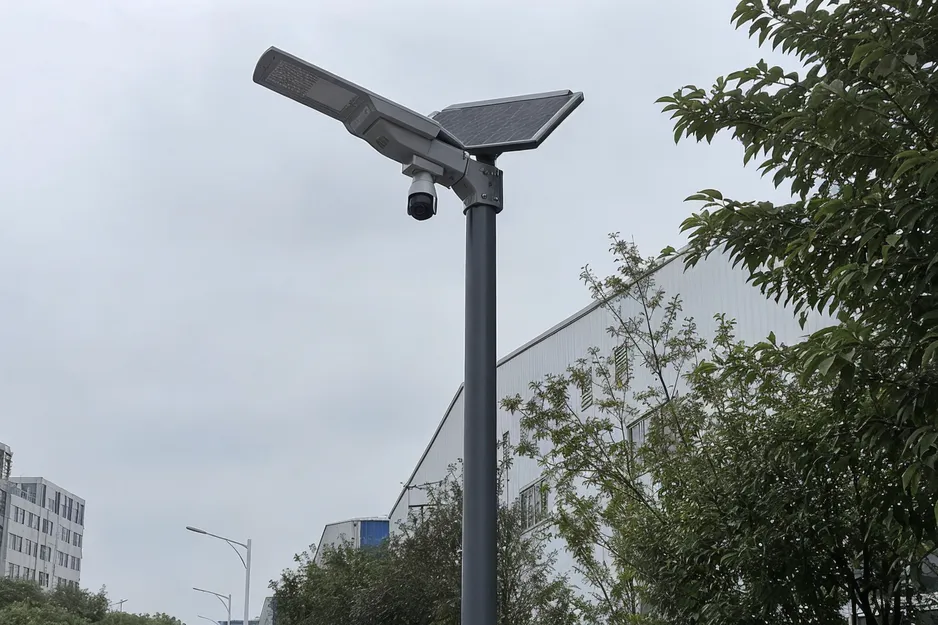 JXSOL solar street light with integrated surveillance camera mounted on pole