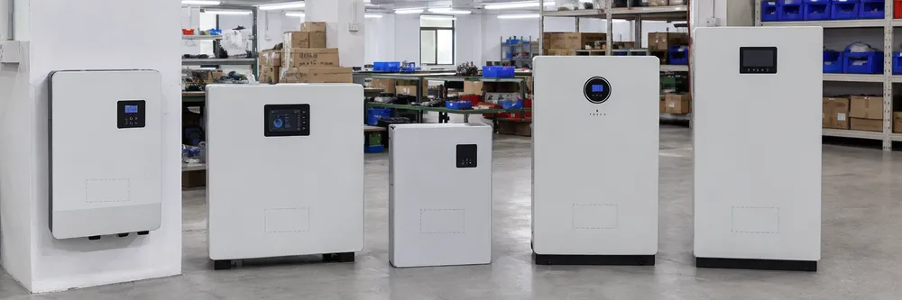 Custom home battery backup configuration options showing enclosure formats, display interfaces, and branding placement