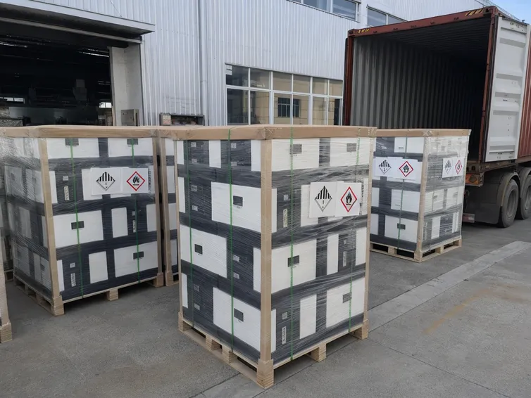 Palletized home energy storage batteries prepared for container loading with lithium battery handling labels