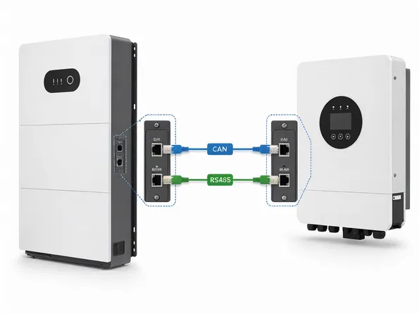 Battery and inverter communication protocol compatibility diagram showing CAN bus and RS485 connections