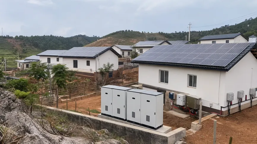 Off-grid rural housing development with solar battery infrastructure