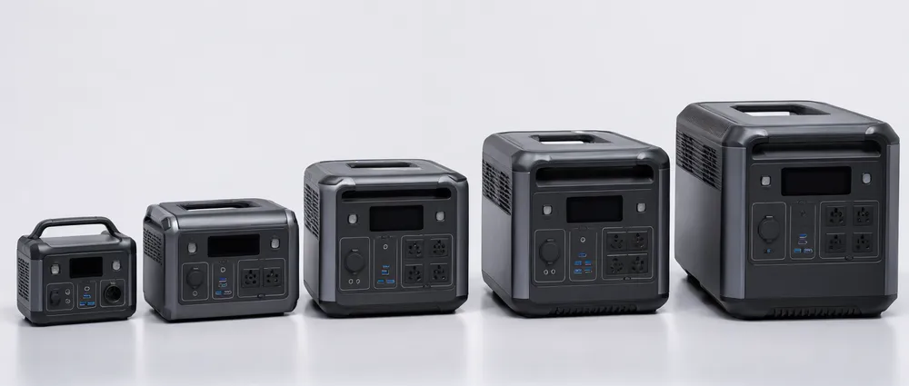 Portable power station lineup showing 300Wh to 2000Wh capacity tiers side by side