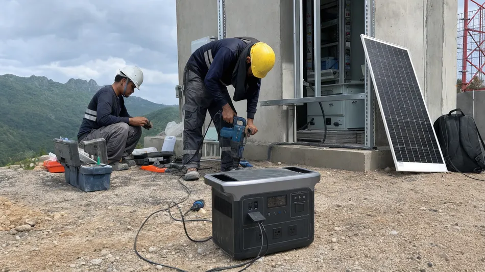 Portable power station powering contractor tools at off-grid project site