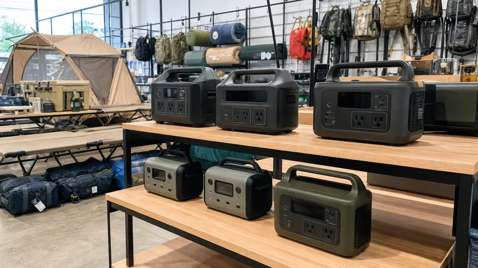 Portable power stations displayed in outdoor retail camping store environment