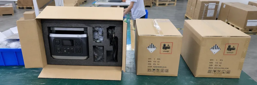 Portable power station packaging with custom foam insert, carton labeling, and lithium battery shipping marks