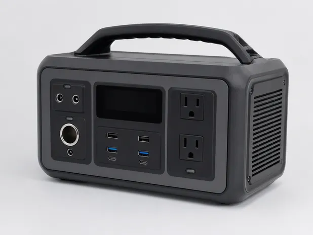 Portable power station showing AC, DC, and USB output ports
