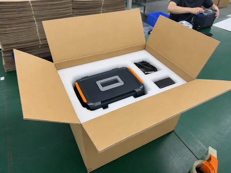 Double-wall corrugated carton with foam inserts for portable solar battery shipping