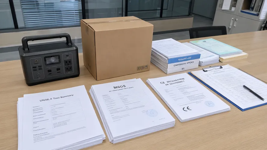 Battery shipping documentation package including UN38.3 test summary, MSDS, and CE declaration