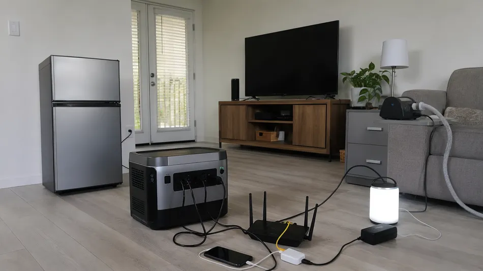 Solar generator powering essential home appliances during power outage emergency scenario